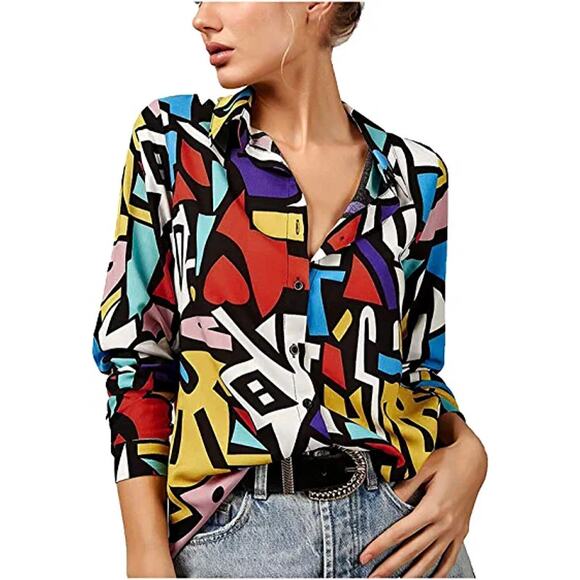 Big Dart Tops - Big Dart MOD Button Front Shirt Multicolor Abstract Print Colorful Size 44 US L